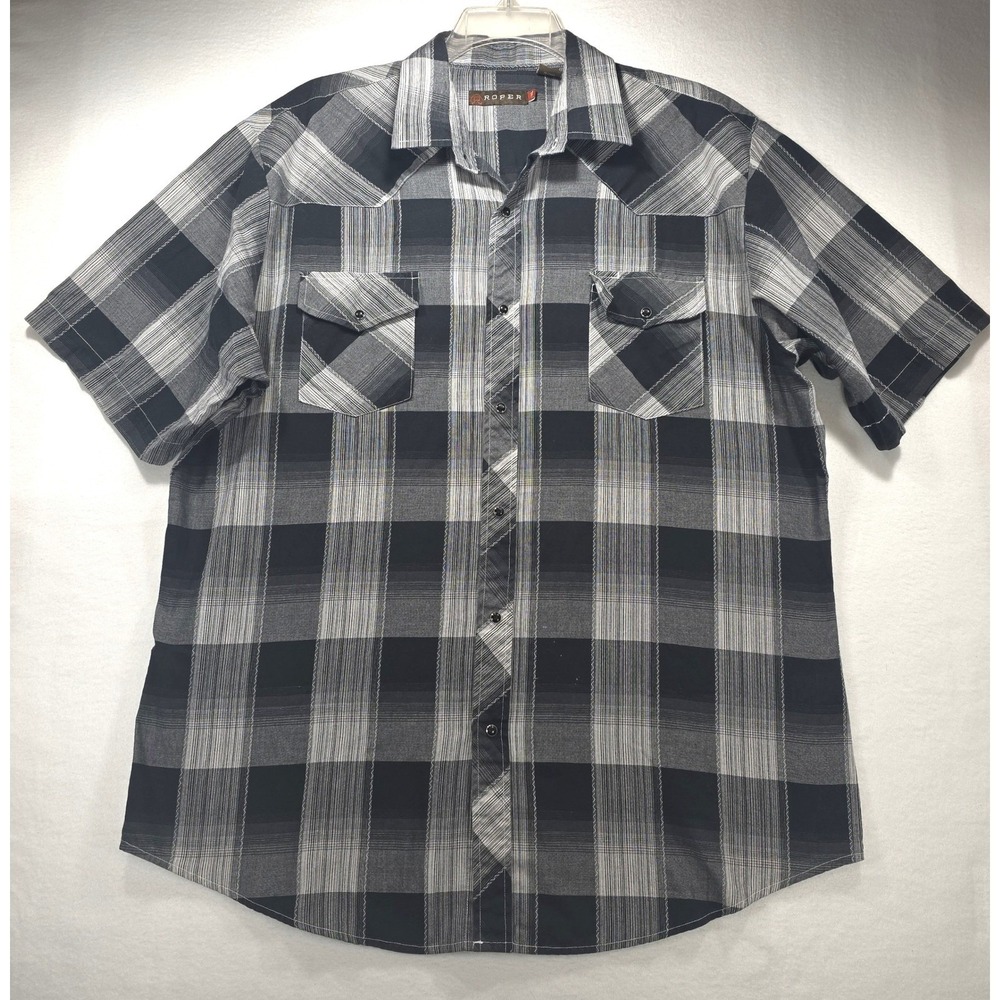 Roper Mens 2XL Black Grey Plaid Short Sleeve Western Snap Front Shirt 2XL